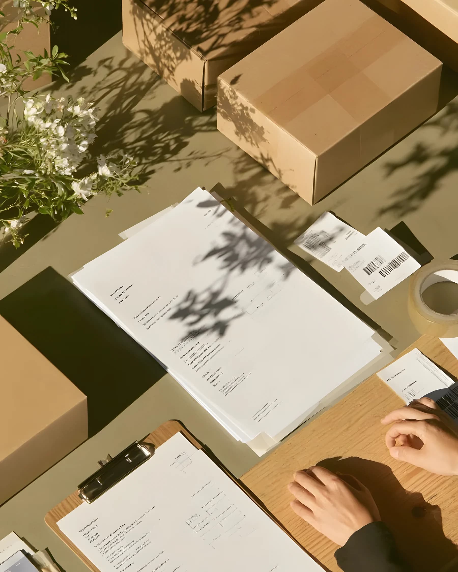 a purchase order being signed beside sealed cartons